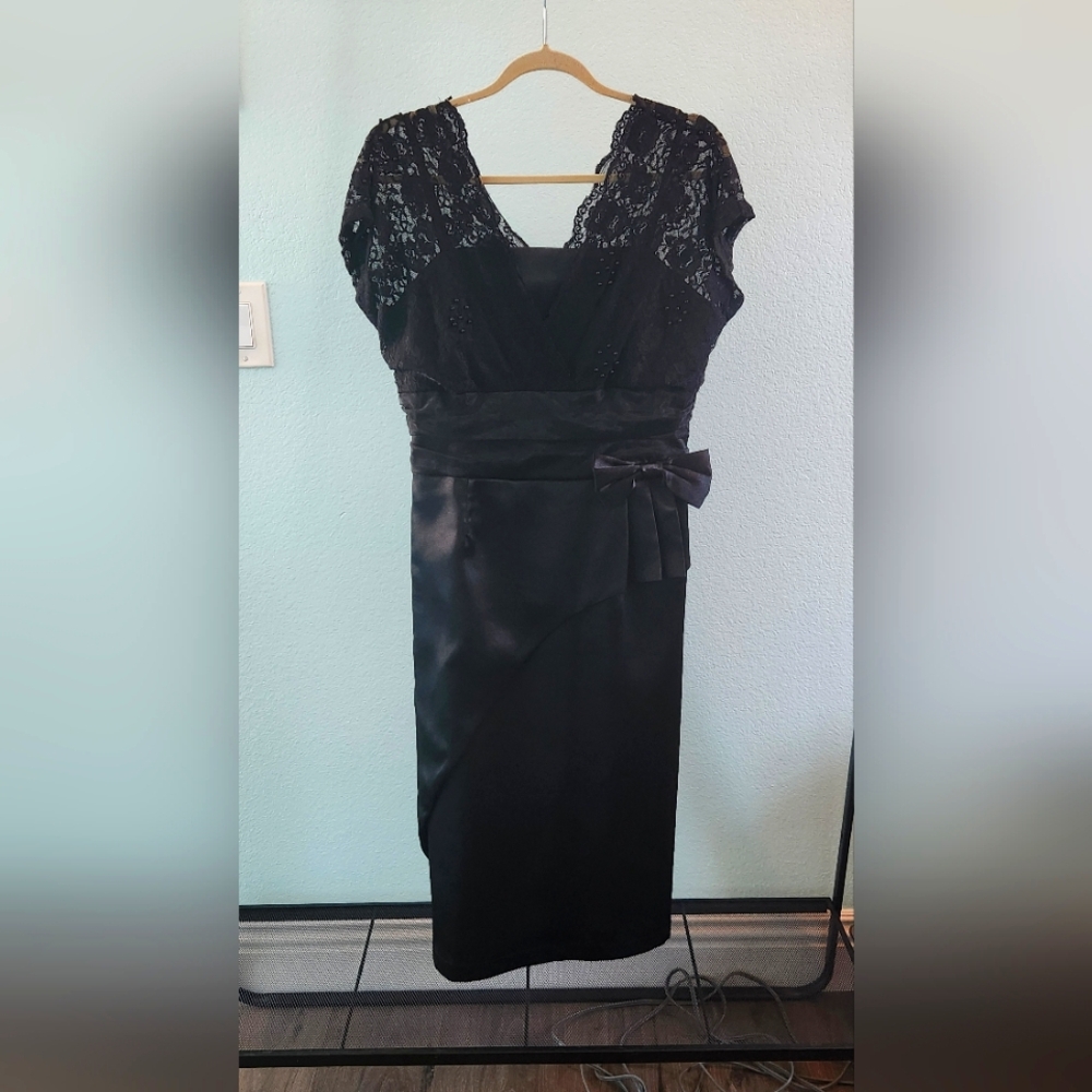 Bettie Page Black Satin & Lace Midi Cocktail Dress